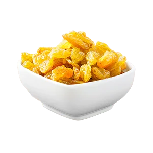 Premium golden raisins in white bowl product image
