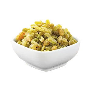 Premium green raisins in white bowl product image