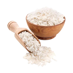 Premium basmati rice in wooden bowl with scoop